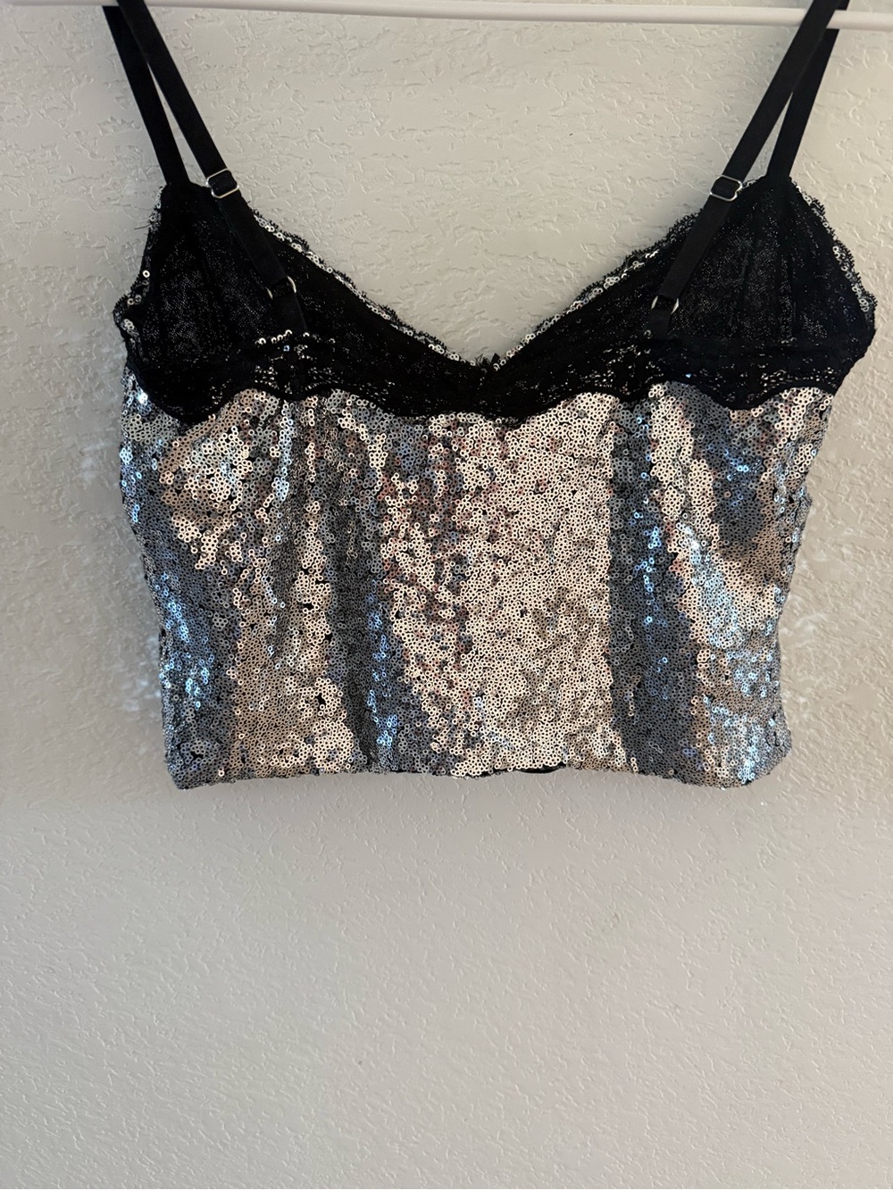 Sequin Lace Trim Crop Top - Black/Silver